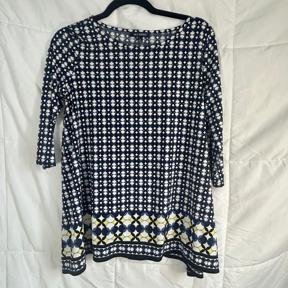 Max Edition Geometric Print 3/4 Sleeve Shift Dress Womens‎ Size S Blu White Yell